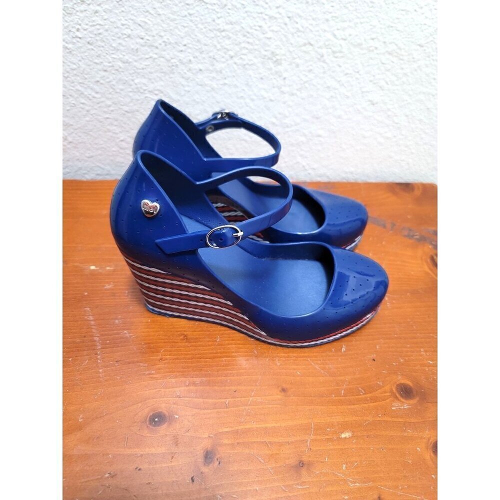 Melissa Blue Wedge Sandals with Striped Heel - Picture 3 of 12